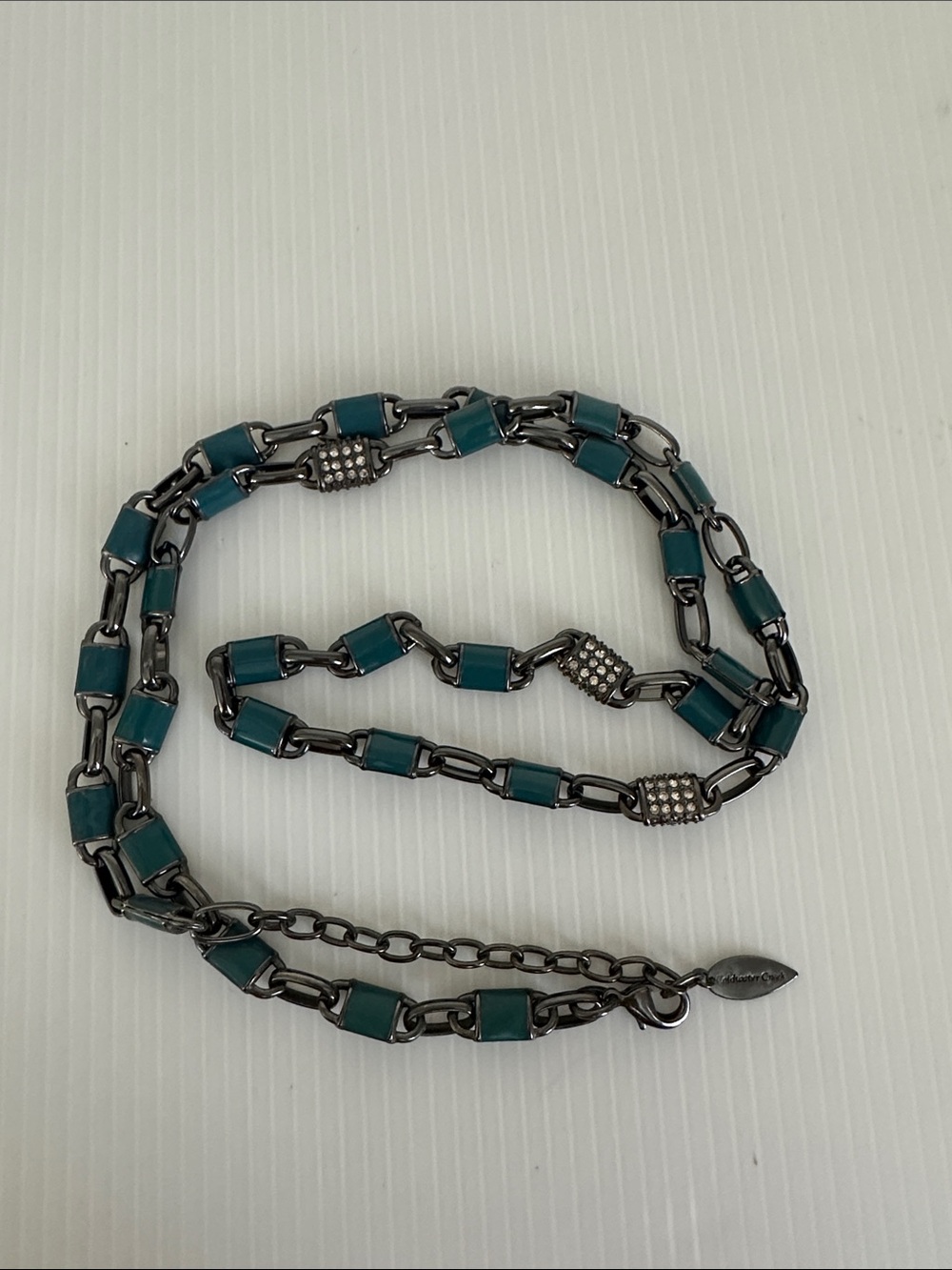 Coldwater Creek Blue and Gunmetal Chain Necklace with Rhinestone beads